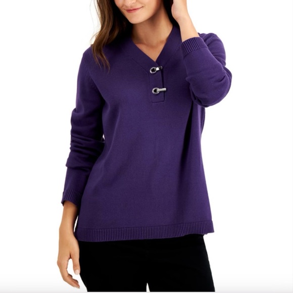 Karen Scott Plum V-neck Sweater: Size Petite L - Picture 1 of 15